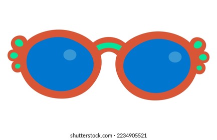 Fashionable sunglasses with red rounde frame. Blue elegant beach eyewear. Cartoon trendy optical glasses