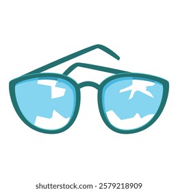 Fashionable sunglasses are reflecting a beautiful blue sky with mountains, perfect for summer adventures