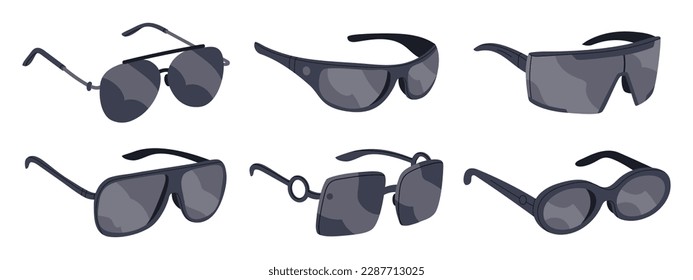 Fashionable sunglasses. Trendy shades, modern eyewear accessories, black frames sunnies flat vector illustration set on white background