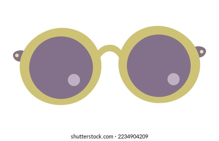 Fashionable sunglasses with yellow round frame. Purple elegant beach eyewear. Cartoon trendy optical 