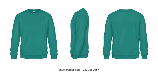 Fashionable sweatshirts mockup vector illustrations set. Clothes of turquoise color for cold days template 3d model on white background