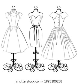 Fashionable Tailor's Mannequin, Vector Set. Vintage Mannequins With Female Retro Dress New Look. Fashion Illustration In Linear Style Black Outline