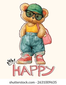 Fashionable Teddy Bear Vector Illustration on White Background.
