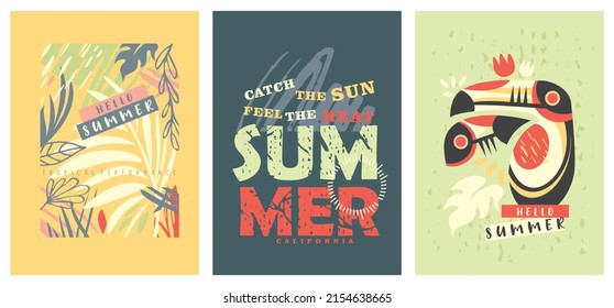 Fashionable tee shirt graphic with summer floral elements, slogans and toucan bird. Prints layout for clothing and apparels. Vector textile prints.