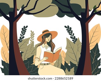 Fashionable Teenage Girl Character Reading The Book On Nature Background.