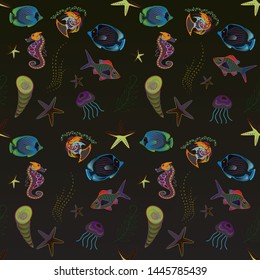 Fashionable template for design of clothes in black, gray and green colors. Sea tropical fishes. Embroidery sea life vector collection. Classical embroidery seamless pattern of tropical sea, fishes.