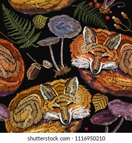 Fashionable template for design of clothes. Classical embroidery. Red fox sleeping in autumn forest. Embroidery sleeping fox and mountain ash, mushrooms, forest herbs seamless pattern 