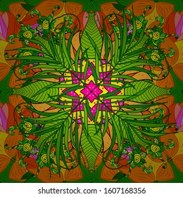 Fashionable template for design of clothes. Classical september embroidery autumn leaves, acorns wild forest. Embroidery summer seamless pattern. Leaves on orange, yellow and green colors. Vector.