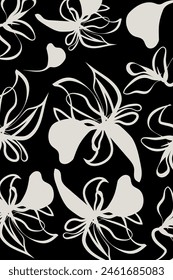 Fashionable template for design. Modern Floral pattern textile. Hand drawn simple abstract flowers black and white tone. Trendy collage pattern