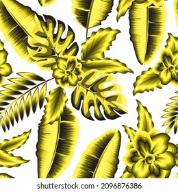 Fashionable template for design with tropical jasmine flowers plants seamless pattern and monstera fern leaves on white backgound. nature decocraative. Floral background. Exotic Summer themed design