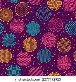 Un adorno interminable del vector de la muestra textil de moda. Formas de círculo con abstracciones de fantasía dentro. Geometría asiática en círculos. Fondo de textura inclinado. Diseño de empaquetado de caramelos.