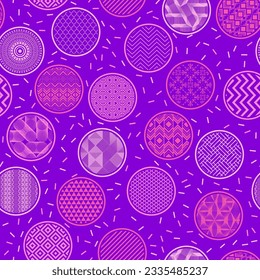 Fashionable textile swatch vector endless pattern. Circle shapes with fantasy patterns inside. Korean geometry in bubbles. Mottled texture background. Gift wrapper design.