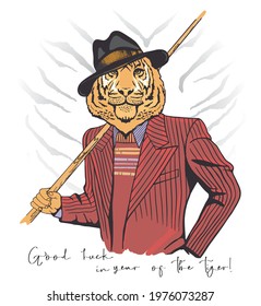 Fashionable tiger in a suit plays billiards with a cue in hand, happy new year 2022. Illustration for textiles and souvenirs