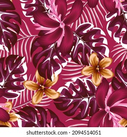 fashionable Trend abstract seamless pattern with colorful tropical plants leaves and hibiscus, frangipani flower foliage on pink background. Jungle print. Floral background. Exotic Summer. wallpaper