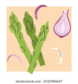 Ilustração de conceito de tendência na moda de cebolas vermelhas e espargos. Ilustração de comida. Allium cepa. Bolbo de cebola roxa e vegetal de espargo para design de mercado agrícola Clipart de alimentos saudáveis orgânicos.