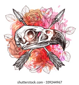 Fashionable Trendy Design With Eagle Skull, Arrows And Flowers