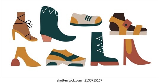 Fashionable trendy female side view shoe types. Sandals, cowbow, Chelsea, sneakers, sandals, army shoes. Design elements isolated on white background. Flat cartoon vector illustration of boots.