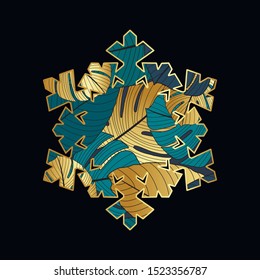 Fashionable tropical snowflake with philodendron and palm leaves. Christmas and New Year decor