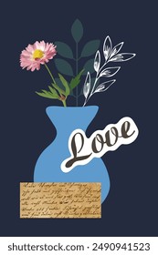 Fashionable vector collage with a vase and the word Love, retro style. Vase with flowers and an old letter. Vector.