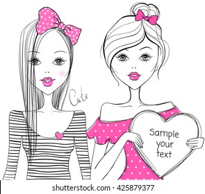 Fashionable vector girls. Sketch young models. Stylish ladies. Fashion illustration. Pretty teen. Girl with heart.