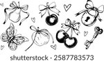 Fashionable vector graphics of a set of elements of cherry, butterfly, pear, lock, key, hearts. Vector doodle illustration in EPS 10 format, hand-drawn graphics