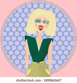 Fashionable vector illustration with blonde girl. Happy young woman wearing sunglasses in colorful background.