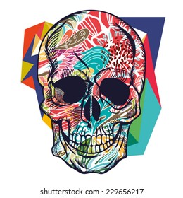 Fashionable Vector illustration of Floral Skull and bright graphic background.