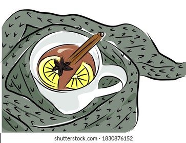 Fashionable vector illustration. Image of a cup of hot tea with lemon and a cinnamon stick. The white cup is wrapped in a long hand-knitted woolen scarf. The sketch shows how to keep warm on cold days