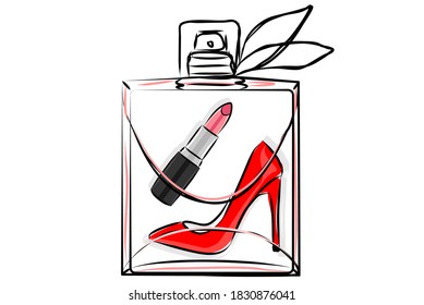 Fashionable vector illustration. An image of a transparent perfume bottle with lipstick and red high-heeled shoes inside. Glamorous sketch of women's fashion