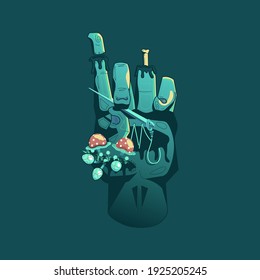 Fashionable vector image of a frankenstein arm. T-shirt print, tattoo of a hand defending itself. Modern fashion illustration for your projects. The theme is isolated.