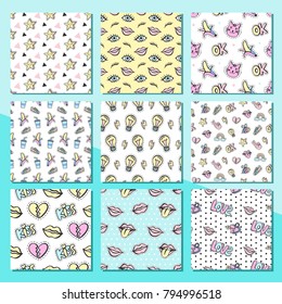 Fashionable vector patches seamless patterns backgrounds set. Comic stickers, pins, patches doodle in cartoon pop art 80s-90s style. Vector illustration