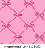
Fashionable vector print. Mesh of satin ribbons. Red ribbon with bows on a pink background. Trendy hand-drawn design for textiles, home decor, packaging and more.