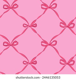 
Fashionable vector print. Mesh of satin ribbons. Red ribbon with bows on a pink background. Trendy hand-drawn design for textiles, home decor, packaging and more.