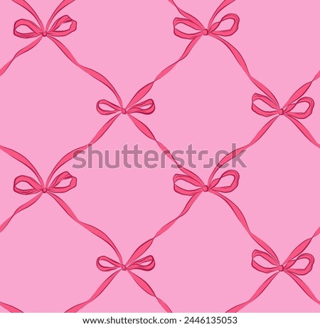 
Fashionable vector print. Mesh of satin ribbons. Red ribbon with bows on a pink background. Trendy hand-drawn design for textiles, home decor, packaging and more.