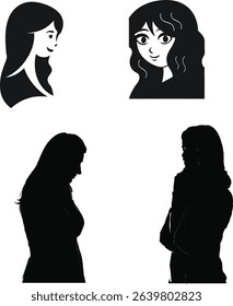 Fashionable vector silhouettes and diverse faces of women with beautiful hair and captivating eyes illustrate modern beauty and style.