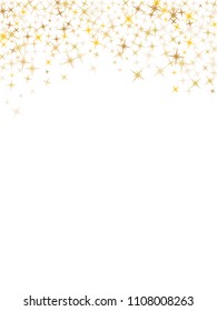 Fashionable vector star background magic gold sparkle pattern. Confetti glitter decoration. Holiday gold sparkles falling vector.   Confetti stars flying garland vertical lines background.