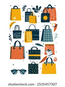 Fashionable vector-style shopping bags with creative designs, featuring bold colors such as yellow, orange, and navy, surrounded by plants and accessories for a trendy look