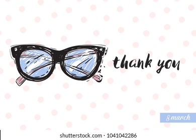 Fashionable vintage glasses with motivational text: thank you. Fashion accessory illustration in trendy soft colors for beauty salon, shop, blog print. Isolated symbol on white background.