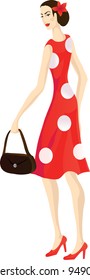 Fashionable vintage woman in a red polka-dotted dress. Eps 10