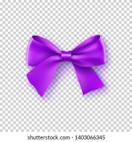 Fashionable violet bow with ribbon. Silk accessory for female clothes. Design element with shadow isolated on transparent background. Realistic decoration for holiday. Elegant vector object from silk