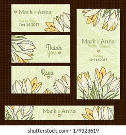 Fashionable wedding invitation card template with floral spring background. Vector illustration. Thank you and save the date with crocuses.