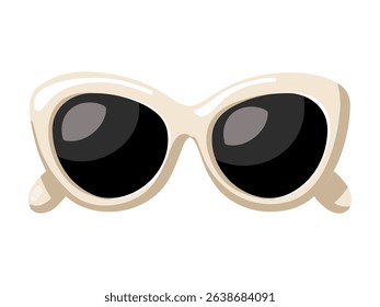 Fashionable white cat-eye sunglasses with black lenses. Cartoon vector isolated illustration on white background