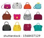 Fashionable woman bags flat vector illustrations set. Female accessories, elegant purses isolated on white background. Different stylish leather and suede bags, trendy casual style handbags