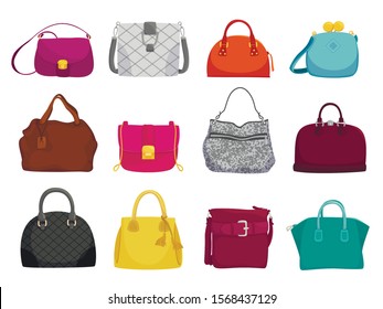 Fashionable woman bags flat vector illustrations set. Female accessories, elegant purses isolated on white background. Different stylish leather and suede bags, trendy casual style handbags