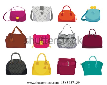 Fashionable woman bags flat vector illustrations set. Female accessories, elegant purses isolated on white background. Different stylish leather and suede bags, trendy casual style handbags