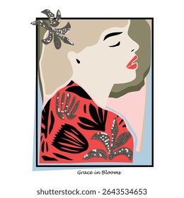 Fashionable woman in botanical patterned outfit. Beautiful abstract boho woman portrait with tropical leaves dress, elegant lady in bloom inspired dress ready for t-shirt print