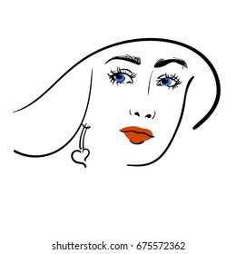 fashionable woman in a bowler hat, red lipstick on the lips, earring. vector illustration