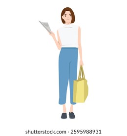 Fashionable woman in casual attire holding a shopping bag and a document, confident and poised. Flat vector illustration isolated on white background