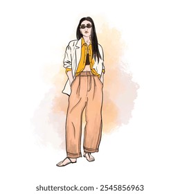 Fashionable Woman in Casual Style. Stylish woman in beige pants and a loose yellow shirt. Ideal for fashion and lifestyle-themed projects.