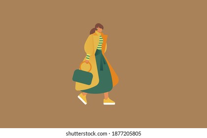 Fashionable woman character in a winter coat walking. Vector.